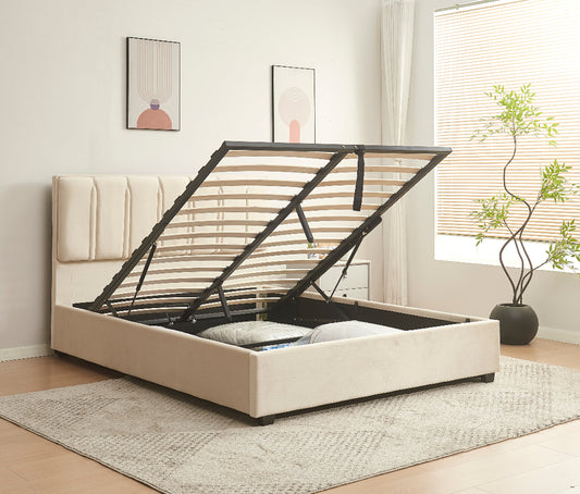 Beige bed frame with black metal support structure in a room with a window and plant.