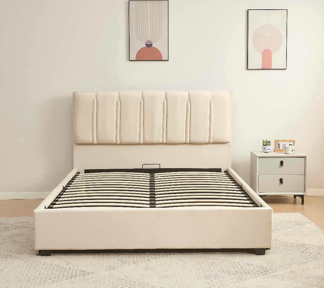 Beige upholstered bed with metal frame in a room setting