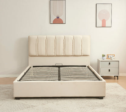 Beige upholstered bed with metal frame in a room setting