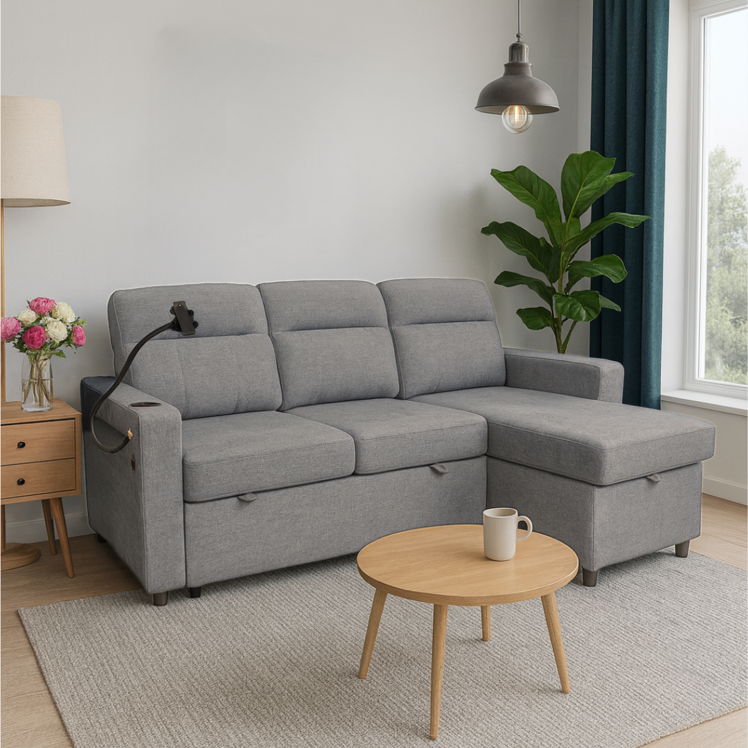 Aurora Grey Sofa Bed with USB A+C charging and phone holder – Faruma Furniture Maldives