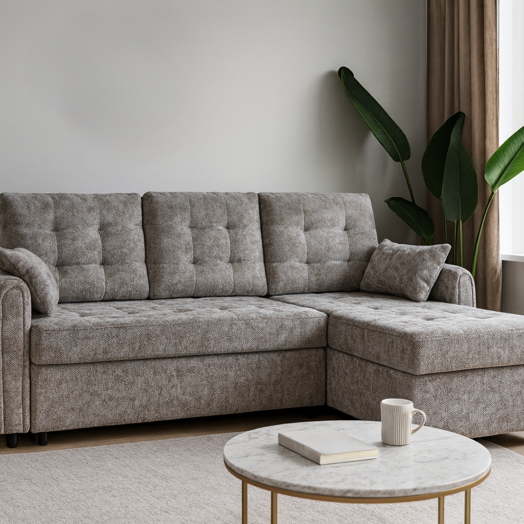 Rustico Grey Sofa Bed with L-shaped chaise and pullout bed – Faruma Furniture Maldives