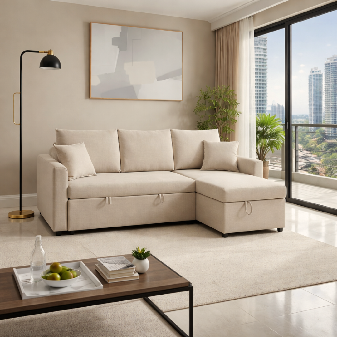 Beige sectional sofa in a modern living room with a city view.