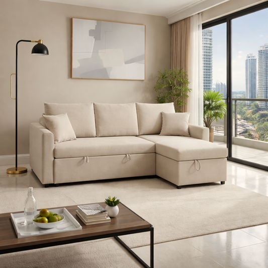 Beige sectional sofa in a modern living room with a city view.